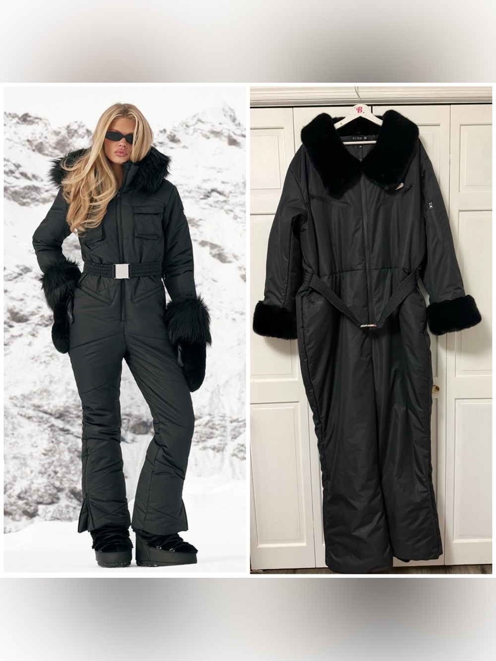 NWT PRETTYLITTLETHING SKI BLACK FAUX FUR TRIM BELTED SNOW SUIT Size 24 (3X)